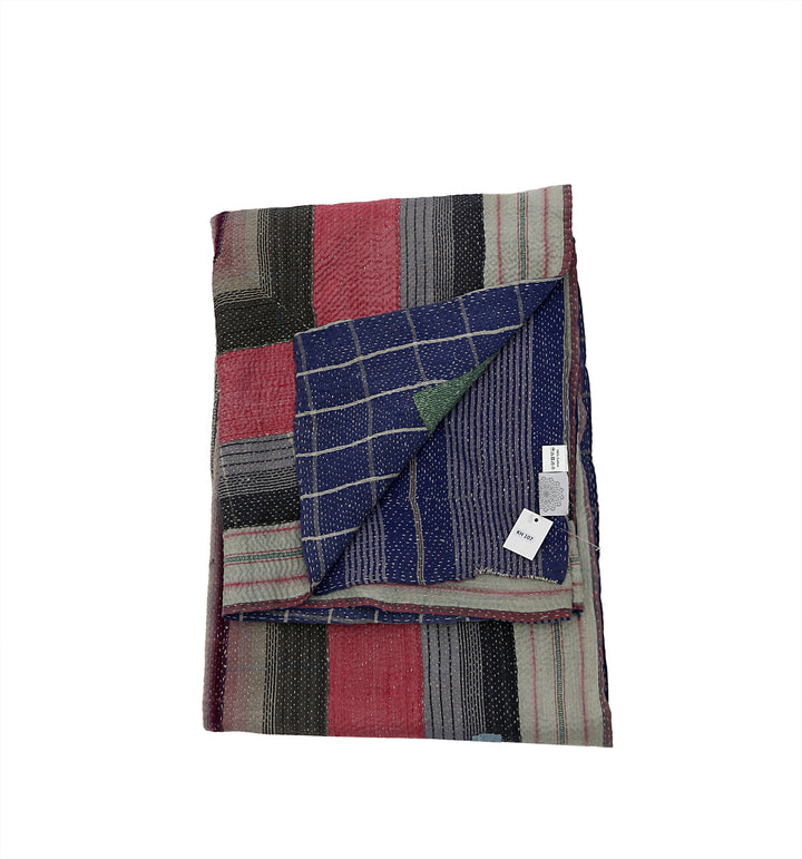 Vintage Hand-Embroidered Kantha Throw – Deep Red & Navy Sari with Windowpane Stitching