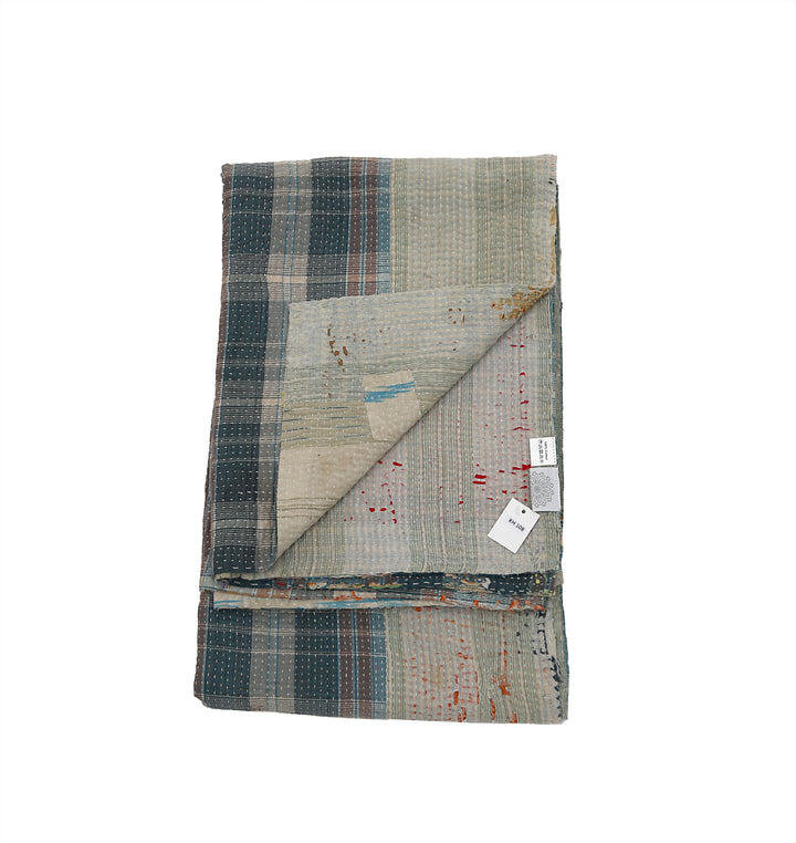 Vintage Hand-Embroidered Kantha Throw – Soft Grey & Slate Sari Patchwork