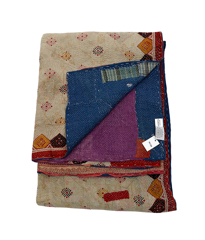Vintage Hand-Embroidered Kantha Throw – Embroidered Sari in Cream with Indigo & Ochre Accents