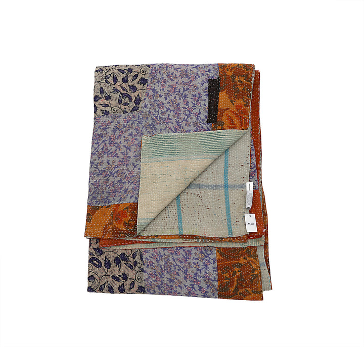 Vintage Hand-Embroidered Kantha Throw – Lilac Floral Patch Sari with Burnt Orange Accents