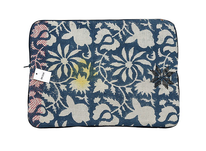 Blue Kantha Laptop Sleeve – Yellow Embroidered Flowers