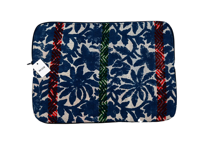 Navy Kantha Laptop Sleeve – Red & Green Striped Stitch