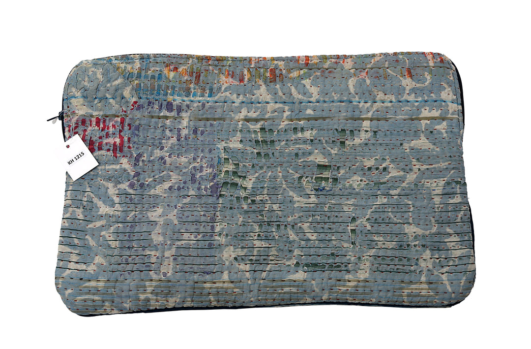 Repurposed Sari Laptop Case – Watercolour Blues with Linear Stitch