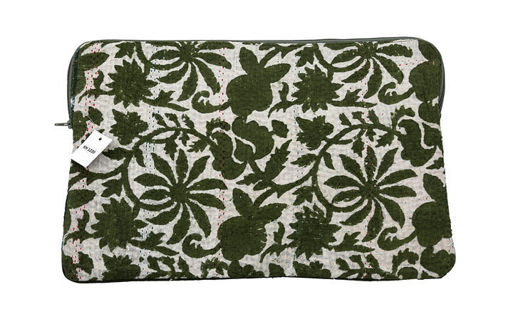 Repurposed Sari Laptop Case – Deep Green Floral with Colour Stitch