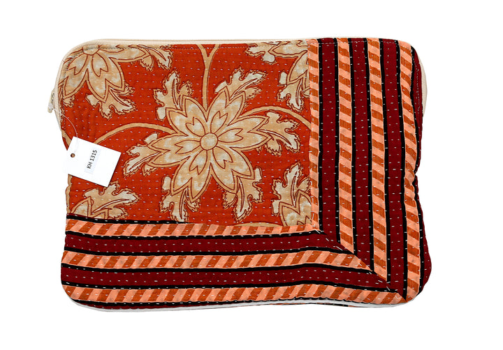 Kantha Tablet Sleeve – Rust Floral & Stripe Corner Patch (10")