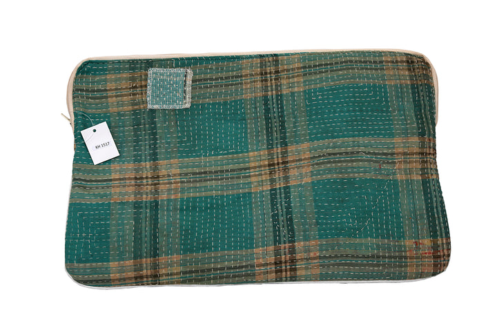 Vintage Sari Laptop Case (15") – Teal Check with Kantha Stitch