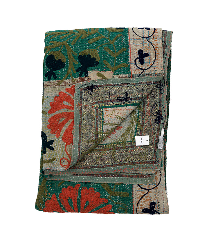 Vintage Hand-Embroidered Kantha Throw – Forest Green with Coral & Navy Floral Panels