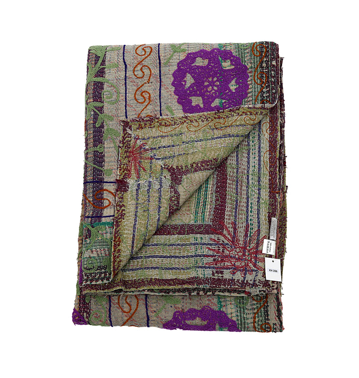 Vintage Hand-Embroidered Kantha Throw – Botanical Stripe Sari in Lilac, Green & Plum