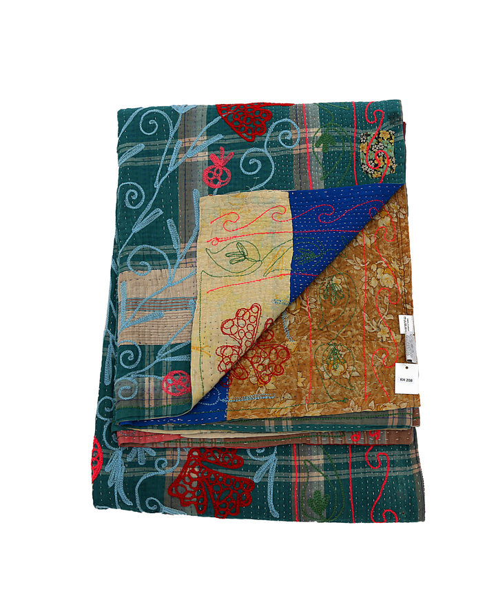 Vintage Hand-Embroidered Kantha Throw – Teal Plaid Sari with Red Botanical Motifs
