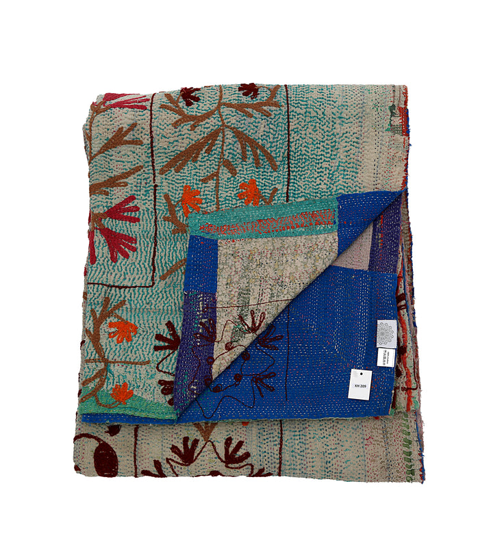 Vintage Hand-Embroidered Kantha Throw – Turquoise Sari with Royal Blue Reverse