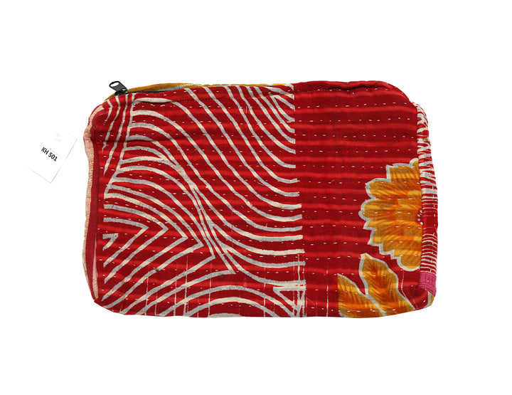 Medium Kantha Sari Wash Bag – Crimson Floral & Wave Pattern