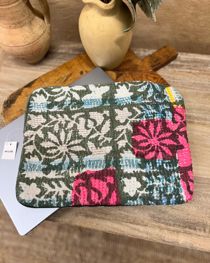 Green Kantha Laptop Sleeve – Vintage Floral Print