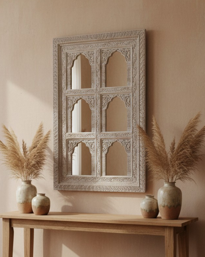 Six Panel Mango Wood Mirror – Creamwashed Archway Design