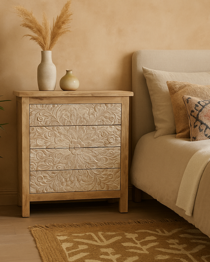 Hand-Carved Mango Wood 4 Drawer Chest of Drawers
