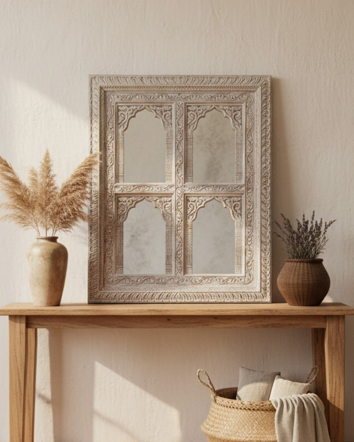 Four Panel Mango Wood Mirror – Creamwashed Arch Carved Design