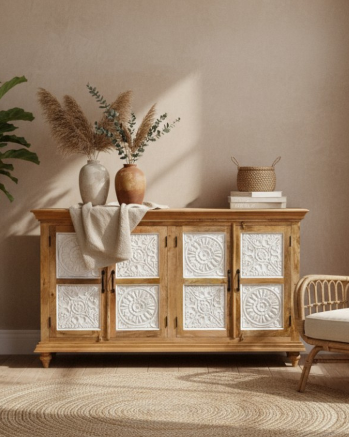 Hand-Carved Mango Wood Sideboard – Natural Polished Finish with Whitewashed Floral Panels