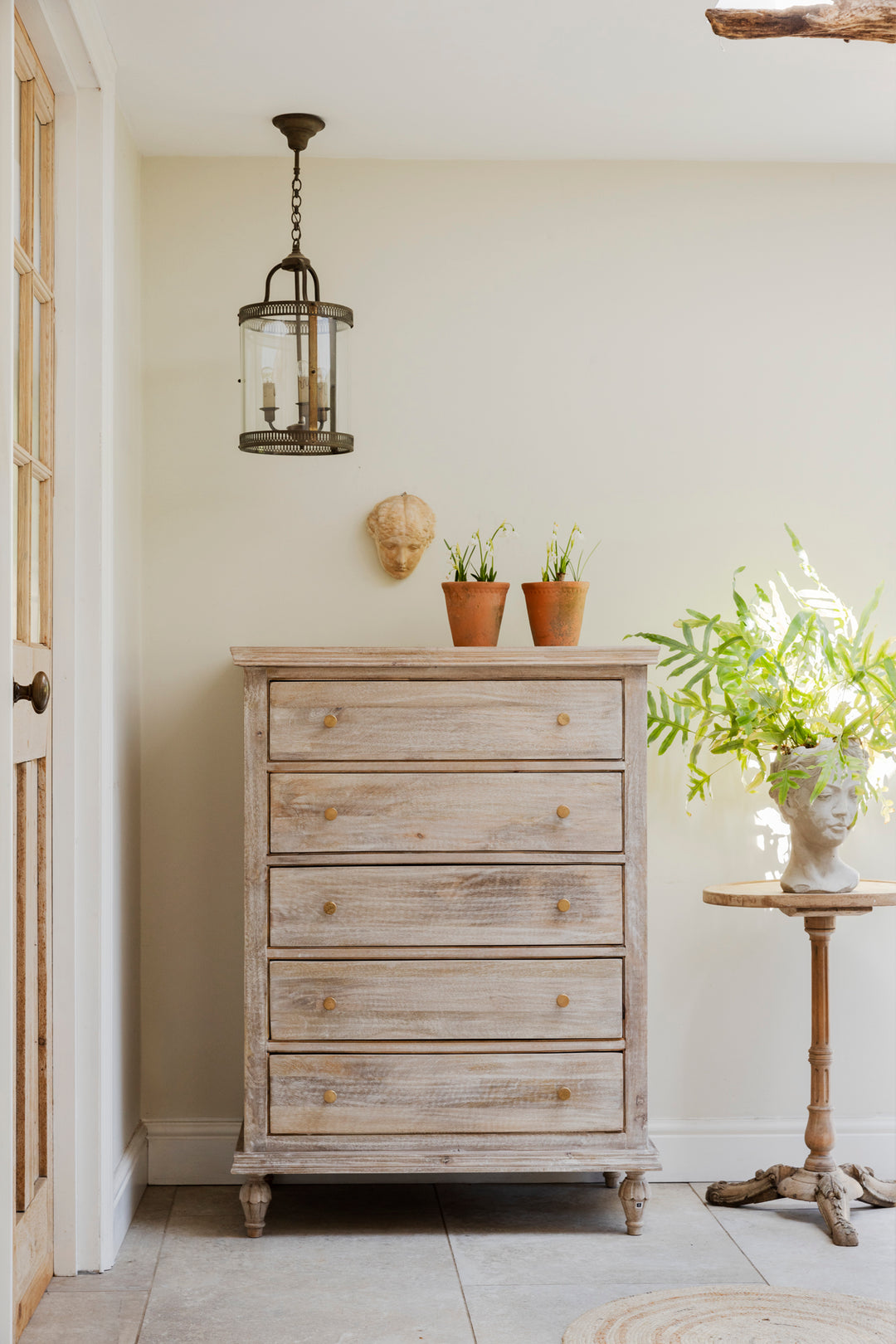 Mango Wood 5-Drawer Chest / Tallboy – Natural with Whitewashed Finish