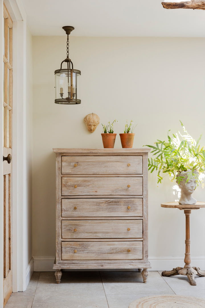 Mango Wood 5-Drawer Chest / Tallboy – Natural with Whitewashed Finish