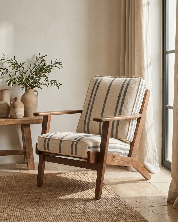 Farmhouse Acacia Wood Armchair with Striped Linen Upholstery