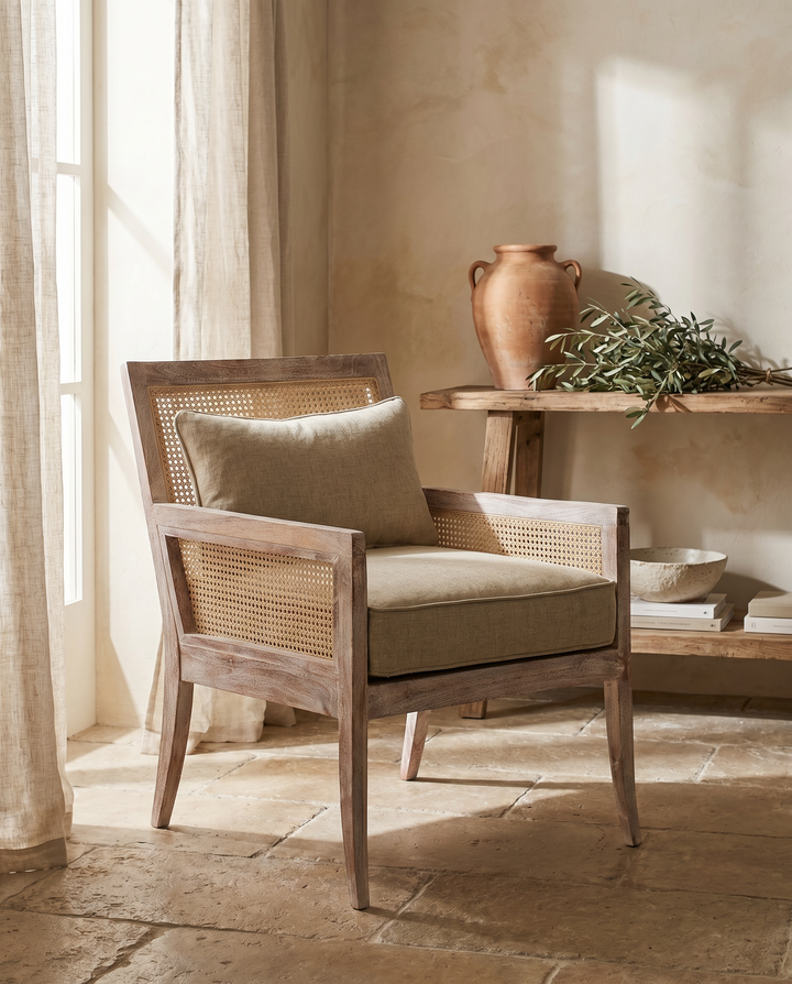 Rattan &amp; Acacia Wood Armchair with Linen Upholstery – Natural Finish