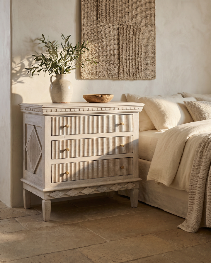Hand-Carved Mango Wood 3 Drawer Chest – Light Walnut White Wash