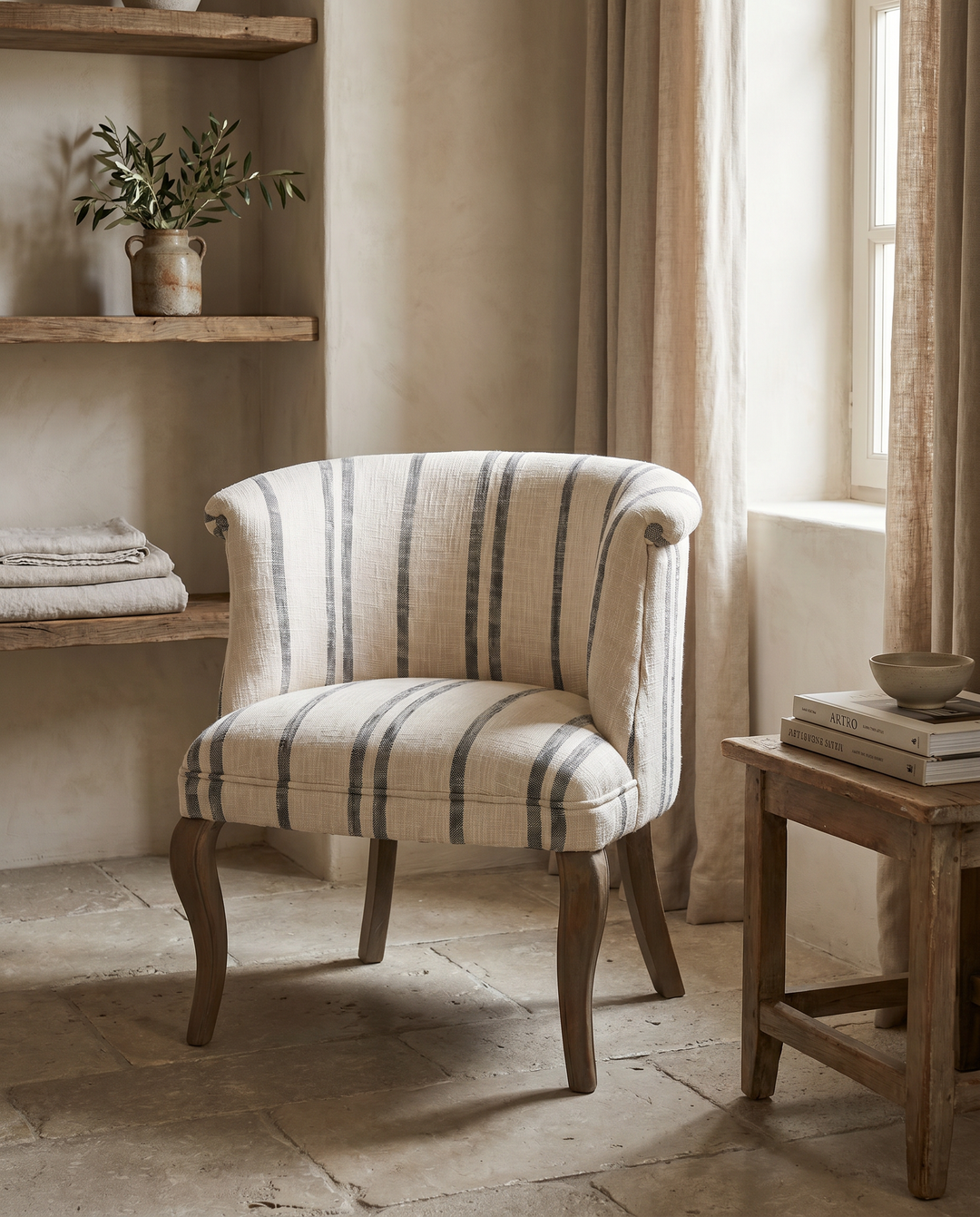Striped Linen Nursing Chair with Mango Wood Legs