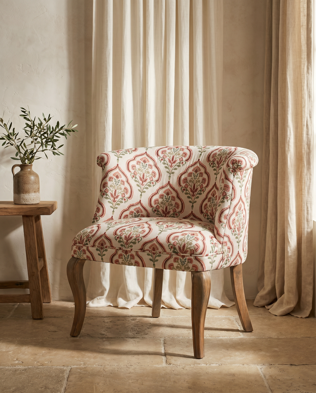 Floral Upholstered Nursing Chair with Solid Mango Wood Frame