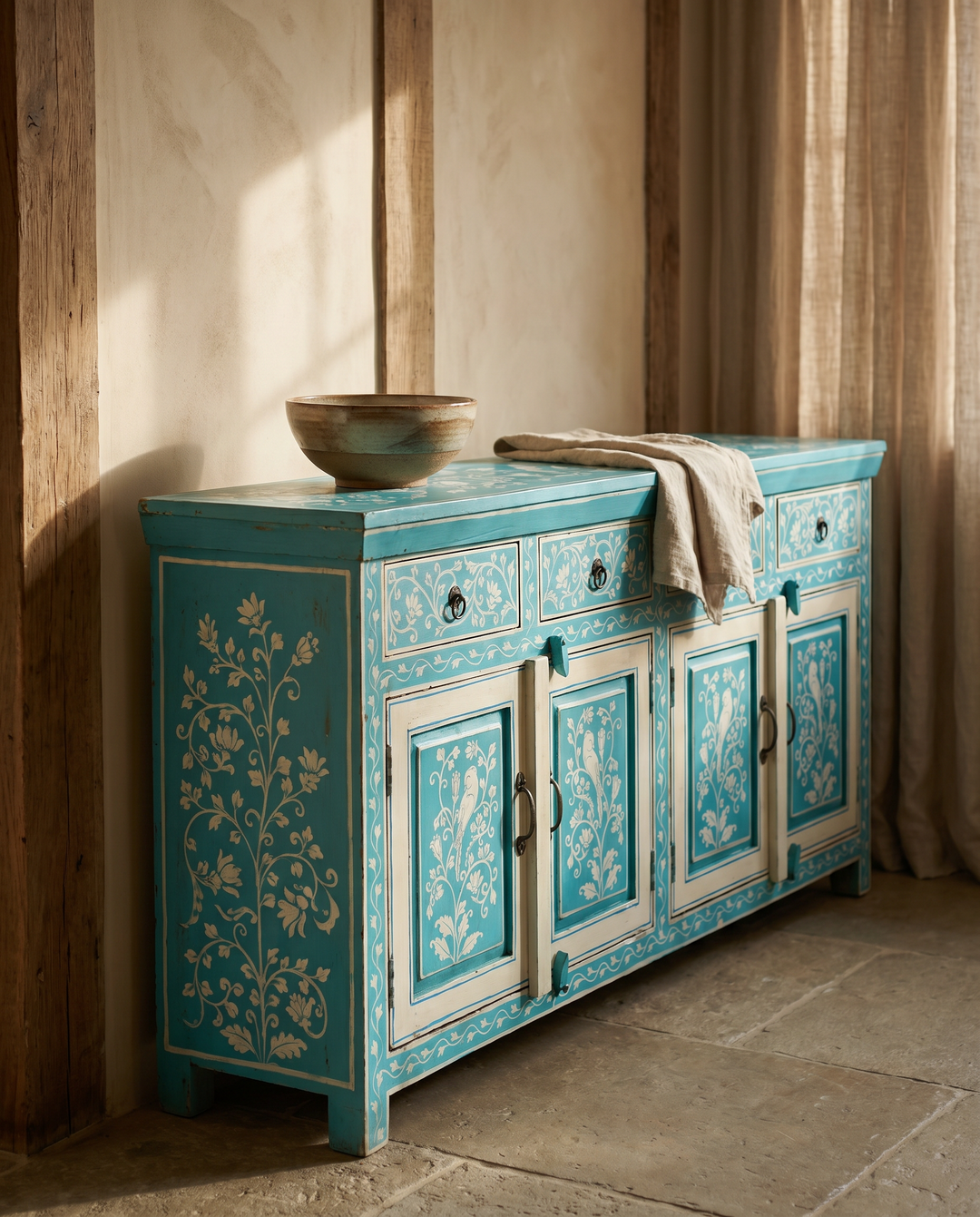 Decorative blue sideboard with floral patterns in a room with curtains and stone floor.