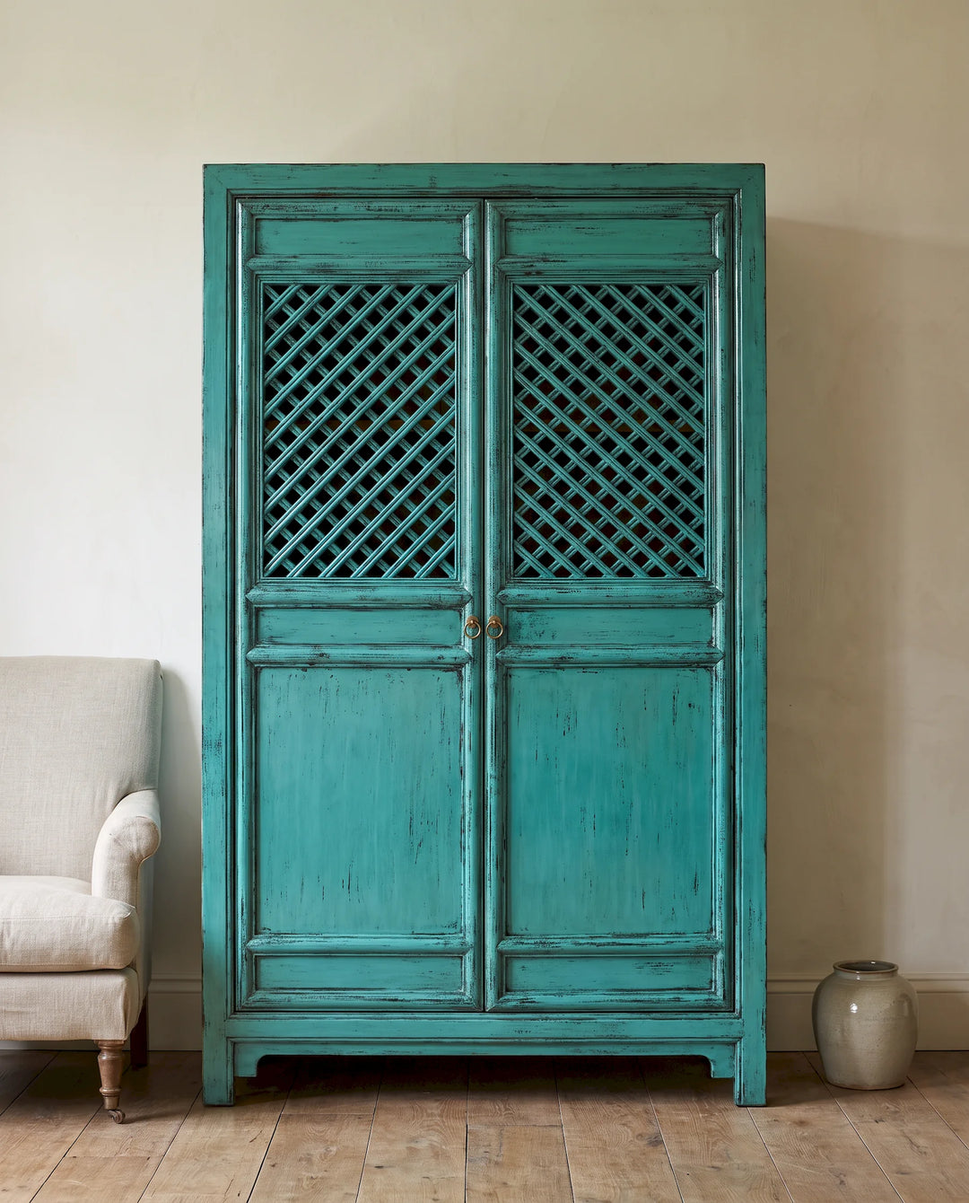 Turquoise Lacquered Elm Lattice Cabinet