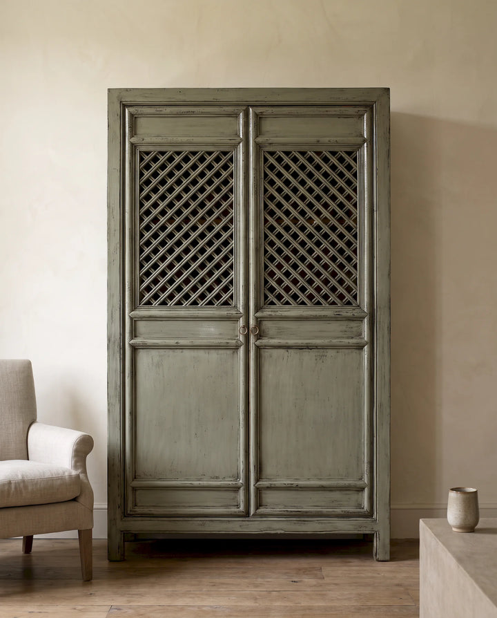 Grey-Green Lacquered Elm Lattice Cabinet