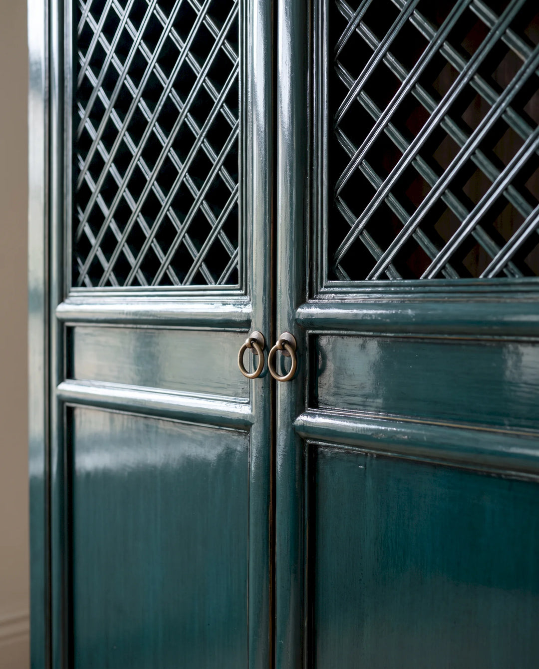 Dark Teal Lacquered Elm Lattice Cabinet