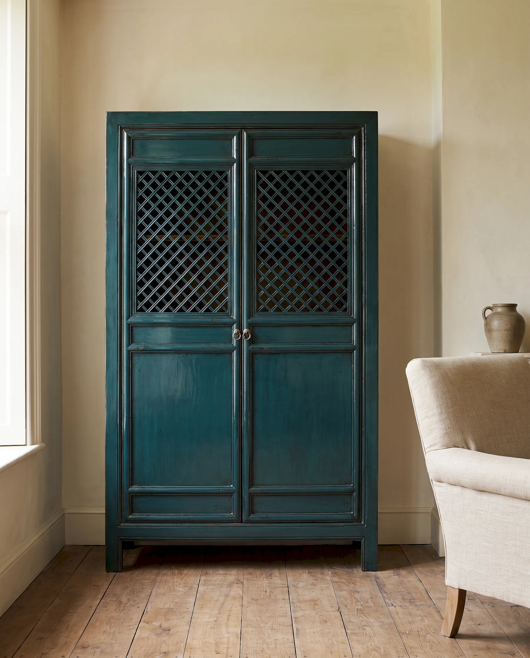 Dark Teal Lacquered Elm Lattice Cabinet