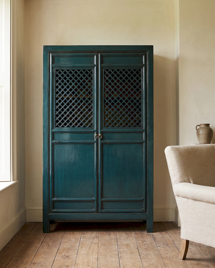 Dark Teal Lacquered Elm Lattice Cabinet