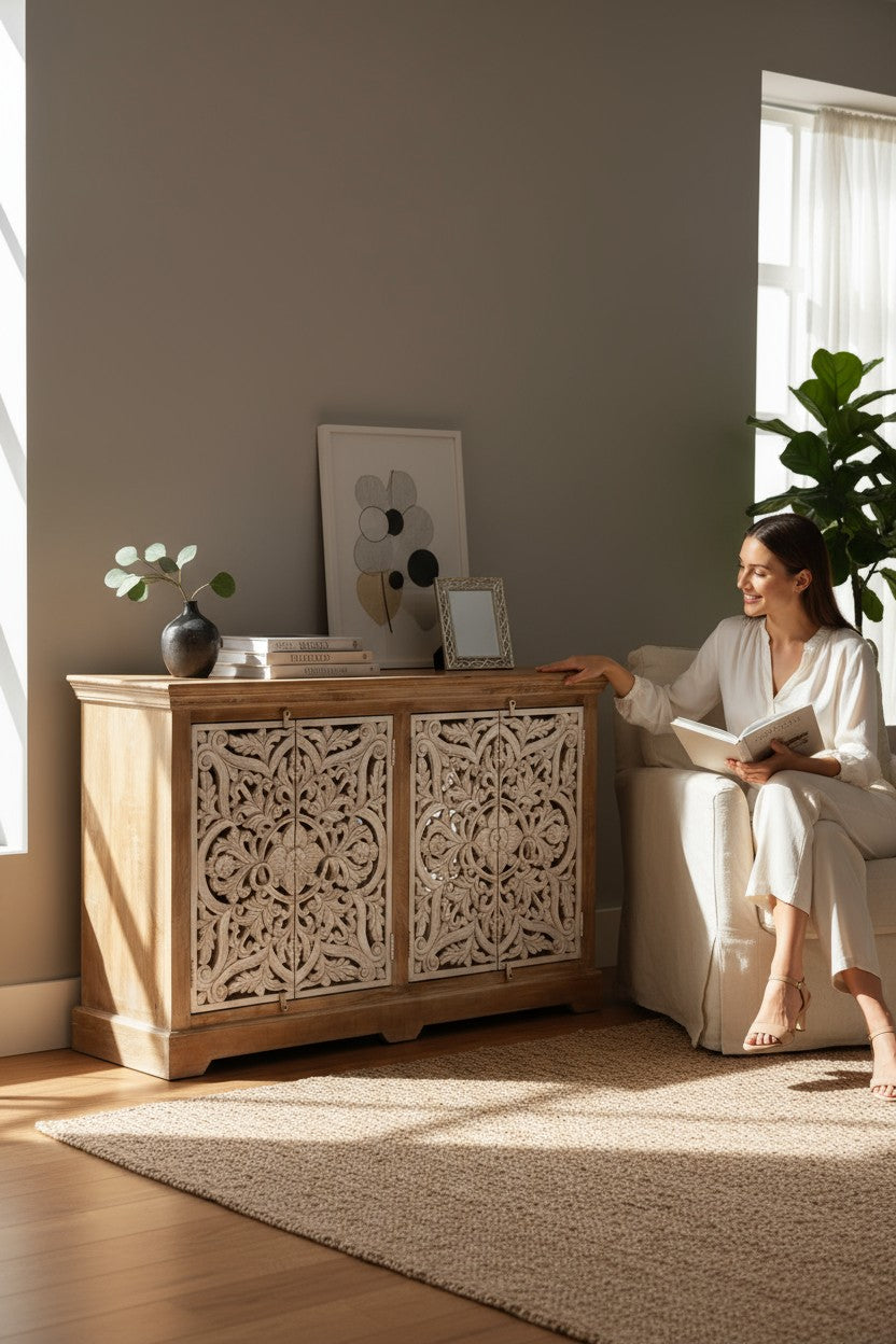 Hand-Carved Mango Wood Sideboard – Whitewashed Doors, Natural Mango Wood Finish