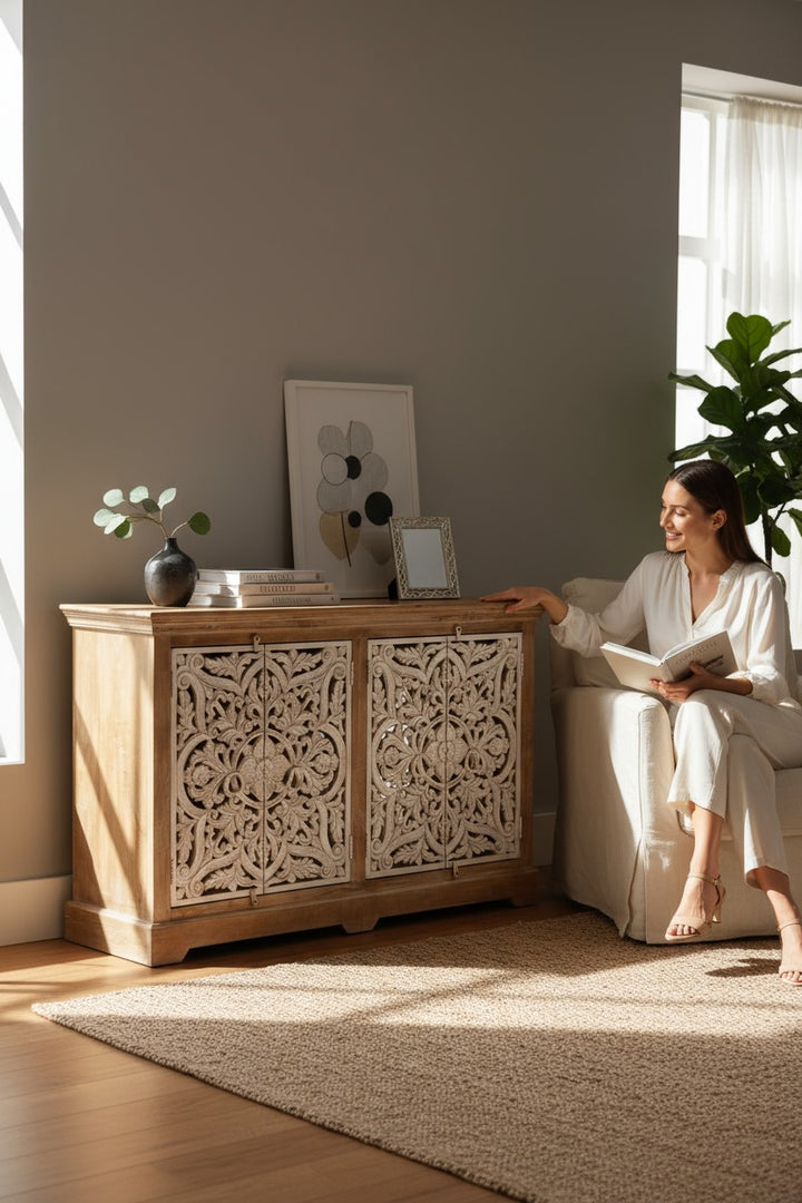 Hand-Carved Mango Wood Sideboard – Whitewashed Doors, Natural Mango Wood Finish