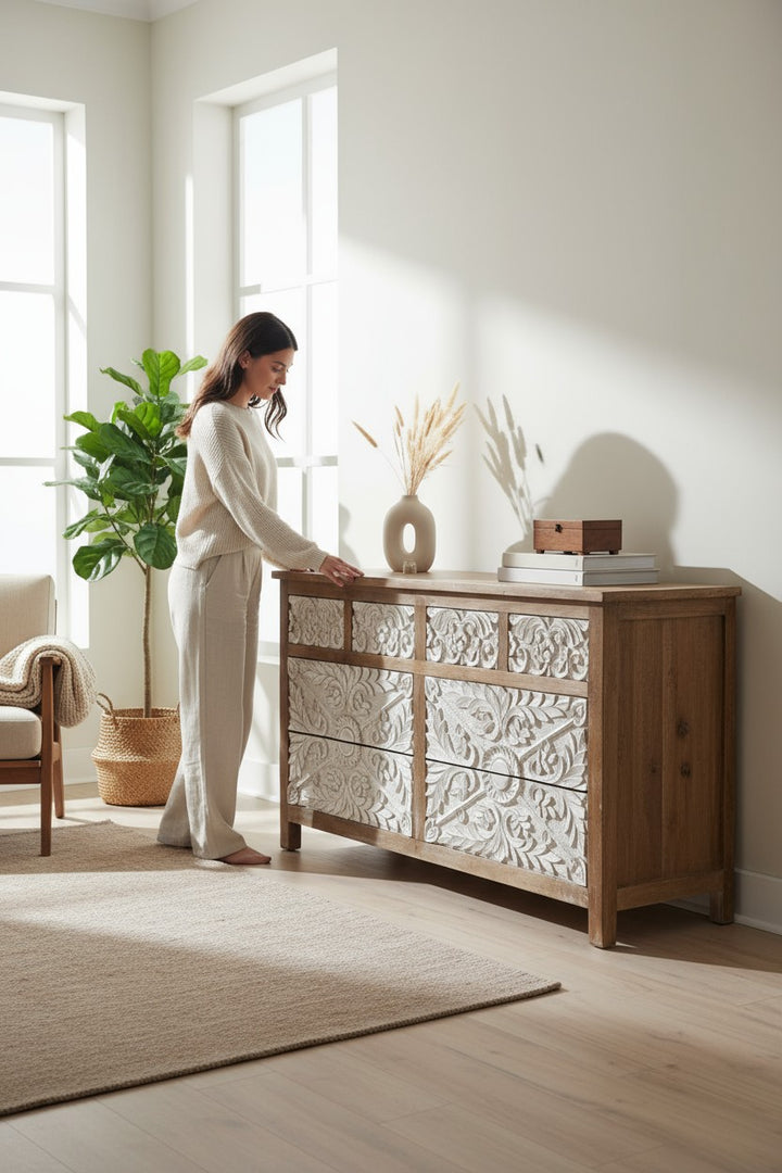 Hand-Carved Mango Wood Chest of Drawers – 8 Drawer Design with Whitewashed Drawers