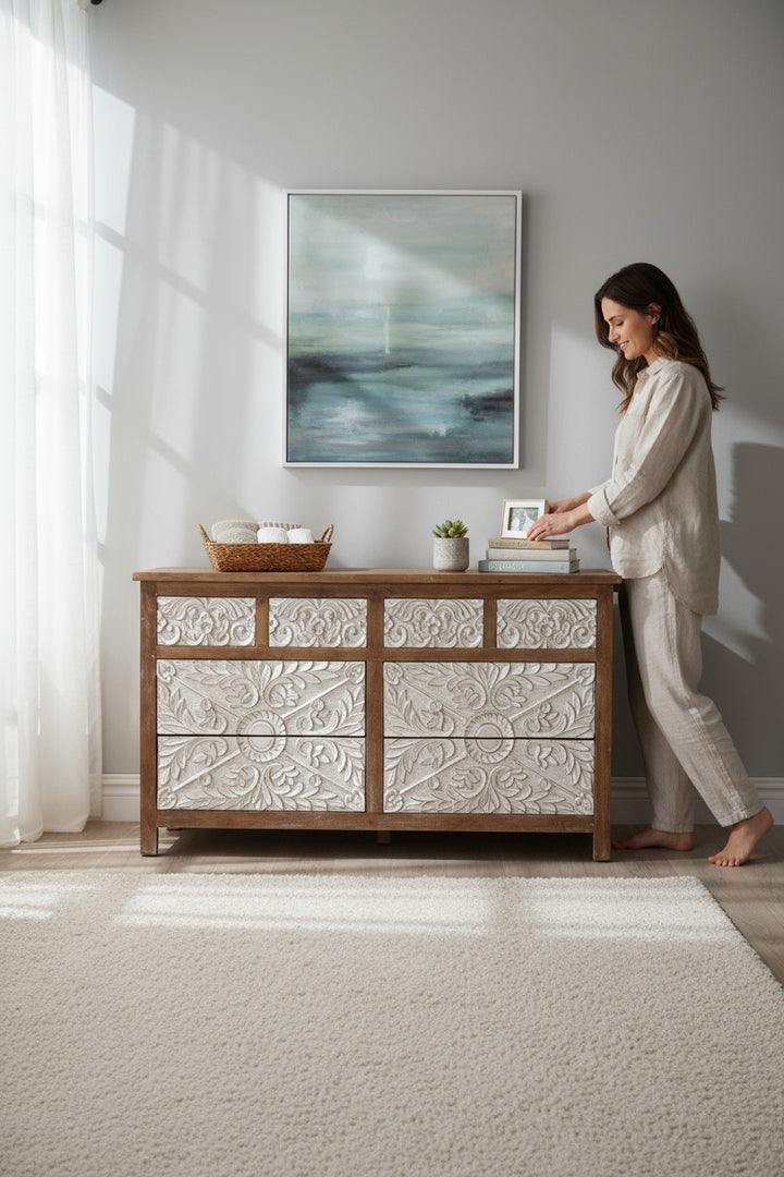 Hand-Carved Mango Wood Chest of Drawers – 8 Drawer Design with Whitewashed Drawers