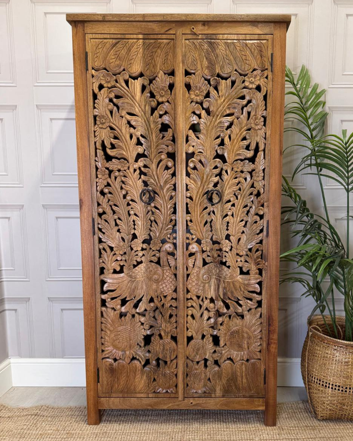 Hand-Carved Mango Wood Armoire – Peacock & Floral Design in Natural Finish