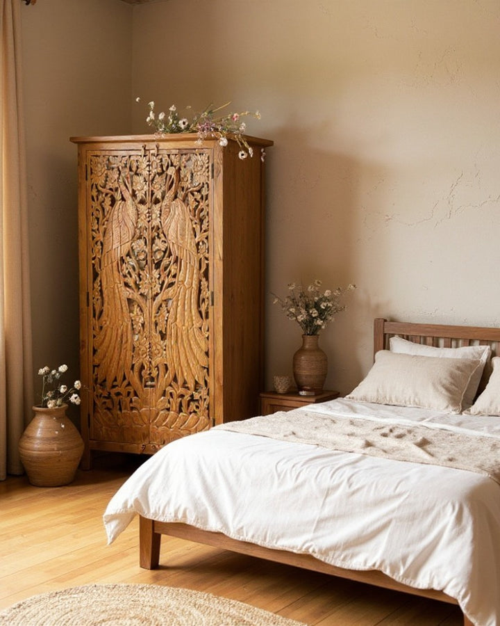 Peacock Hand-Carved Mango Wood Armoire Cabinet