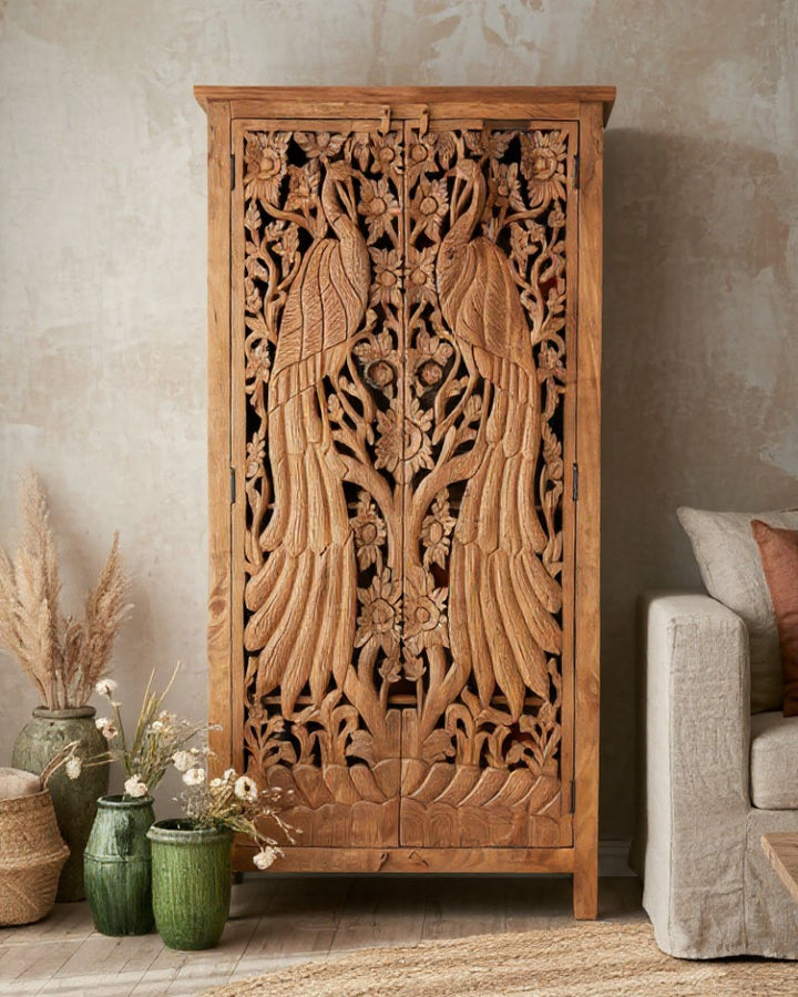 Peacock Hand-Carved Mango Wood Armoire Cabinet