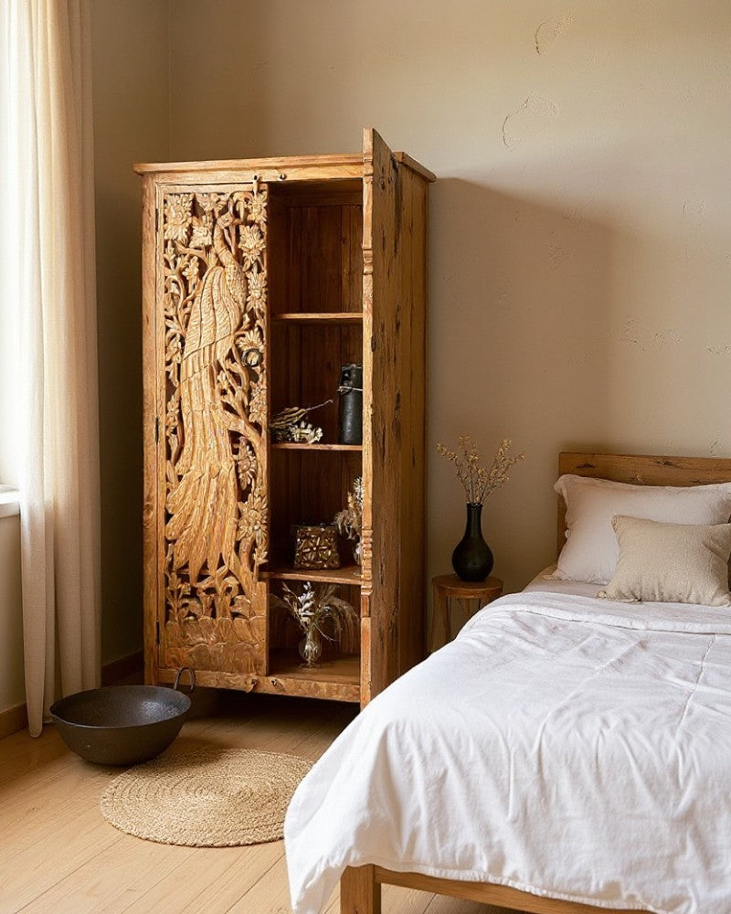 Peacock Hand-Carved Mango Wood Armoire Cabinet