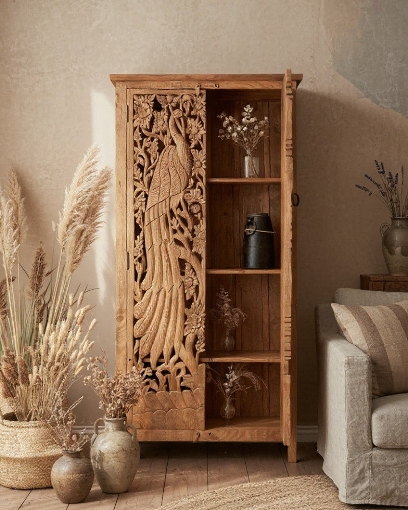 Peacock Hand-Carved Mango Wood Armoire Cabinet