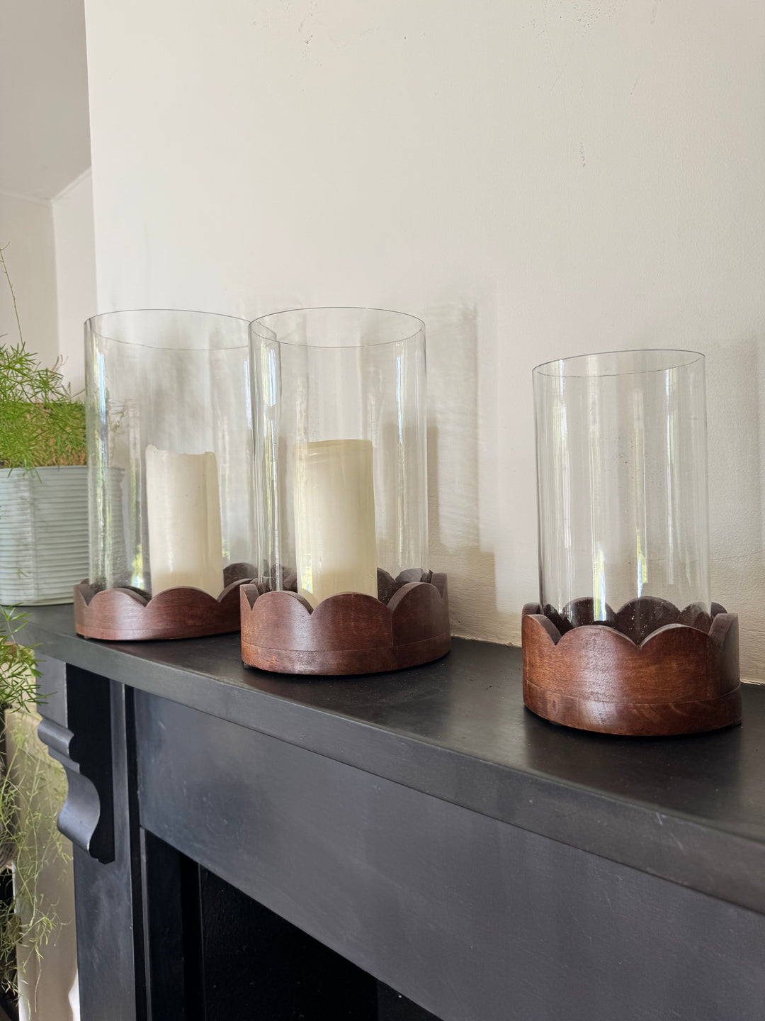 Set of 3 Hurricane Candle Holders – Handcrafted Mango Wood Bases