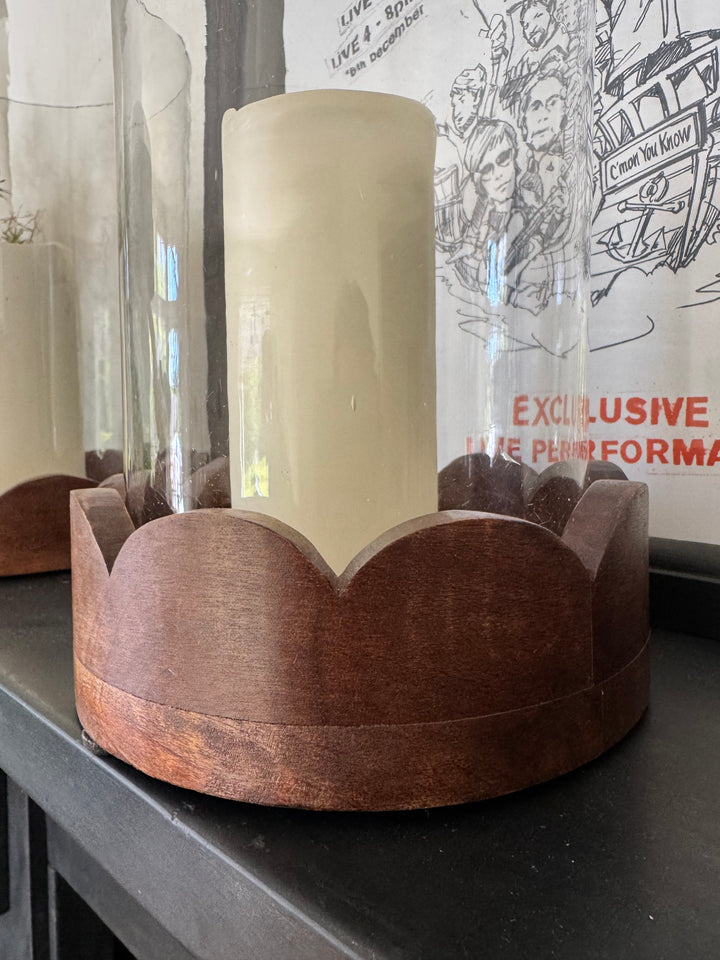 Set of 3 Hurricane Candle Holders – Handcrafted Mango Wood Bases