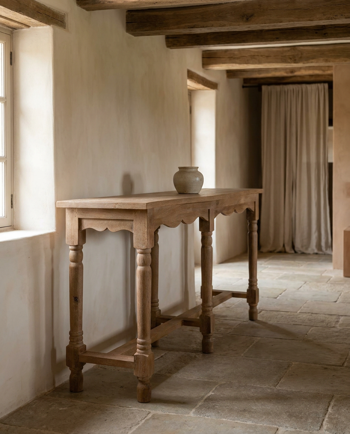 Handcrafted Mango Wood Console Table – Natural Polished Finish with Turned Legs