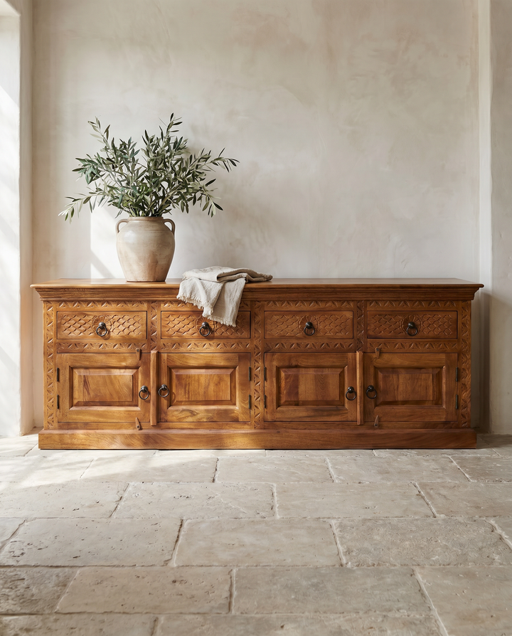 Hand-Carved Mango Wood Sideboard – Natural Polished Finish with 4 Doors &amp; 4 Drawers