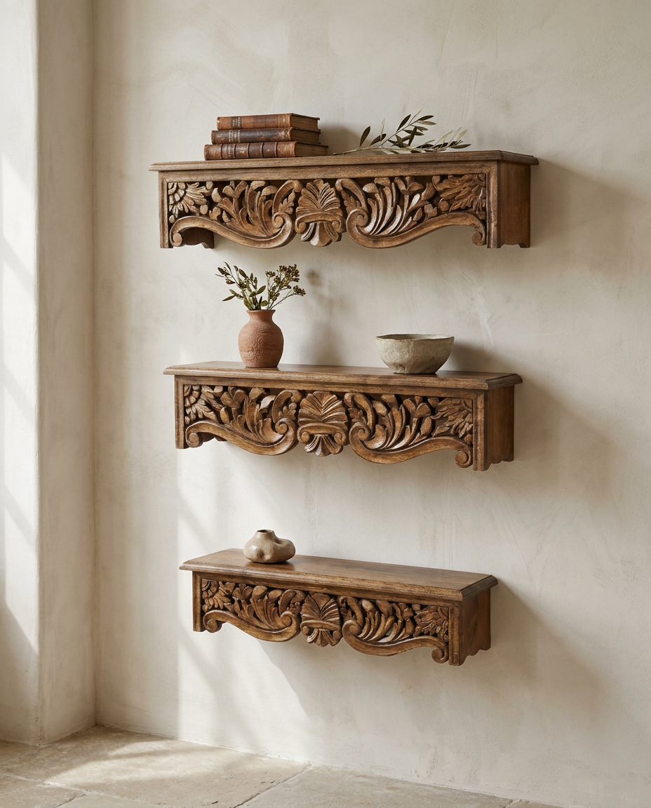 Hand-Carved Mango Wood Wall Shelves – Natural Finish (Set of 3)