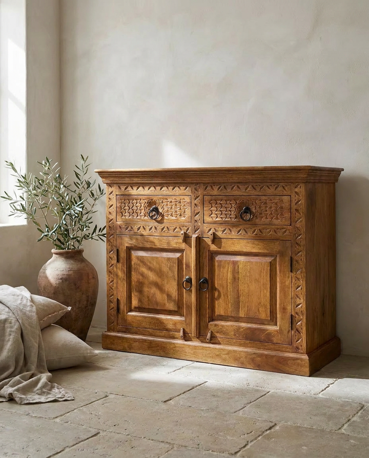 Hand-Carved Mango Wood Sideboard – Natural Polished Finish with 2 Doors &amp; 2 Drawers