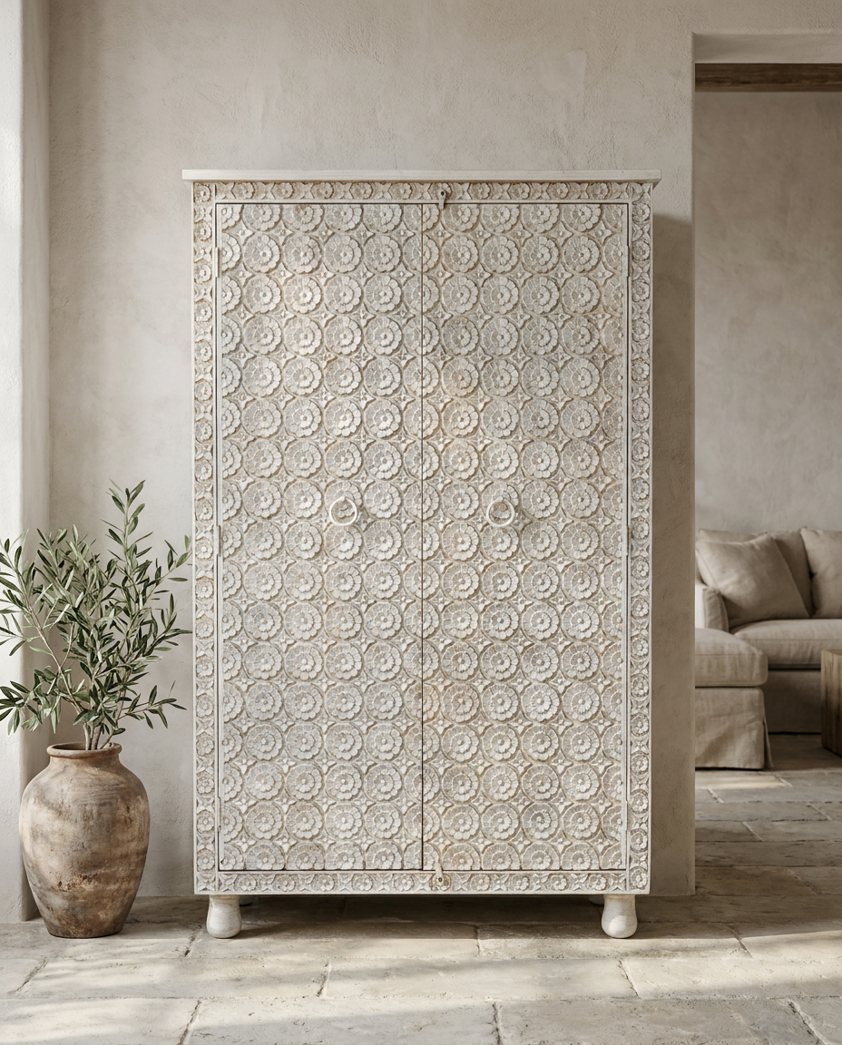 Hand-Carved Mango Wood Wardrobe – Whitewashed Floral Design