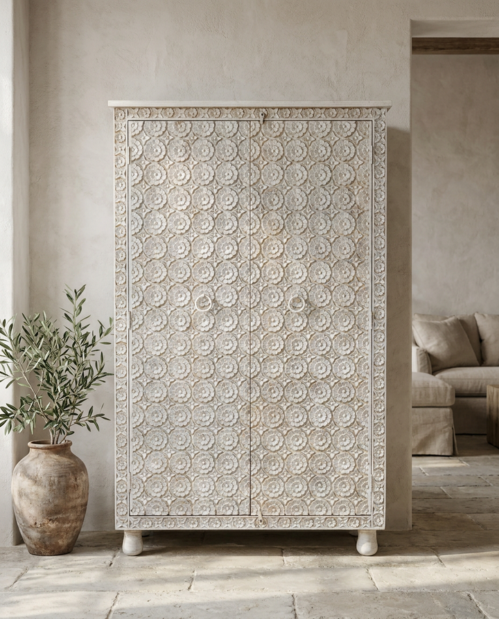 Hand-Carved Mango Wood Wardrobe – Whitewashed Floral Design